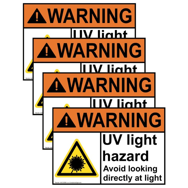 ComplianceSigns.com Warning UV Light Hazard Avoid Looking Directly at Light ANSI Safety Label Decal, 5x3.5 in. Vinyl 4-Pack for Process Hazards - Image 1